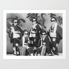 black and white photograph of women in japanese kimonos with umbrellas art print