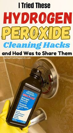 a hand in yellow gloves holding a bottle of hydrogen peroxide cleaning hacks