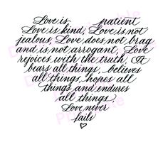 a handwritten heart with the words love is patient in all, and there are many other