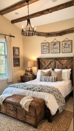 a bedroom with a large bed and wooden furniture in it's centerpieces