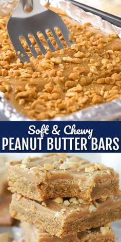 peanut butter bars are stacked on top of each other with a fork in the middle