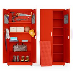 an open red locker with tools and other items on the shelves next to each other