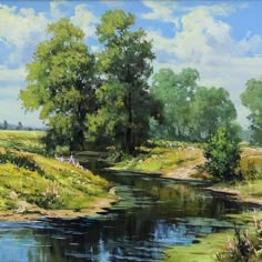 a painting of a river running through a lush green field