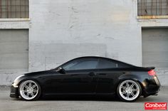 a black sports car parked in front of a building