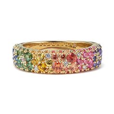 A mosaic of multi-colored natural sapphires dotted with natural diamond accents creates a rainbow of color along this beautiful ring. Its warm 14-karat yellow gold beautifully complements all the gemstones. Rainbow Stone Ring, Vintage Gemstone Jewelry, Colorful Diamond Rings, Rainbow Diamond Ring, Rainbow Wedding Ring, Rainbow Gemstone Ring, Rainbow Engagement Ring, Colorful Wedding Band, Spirit Stone