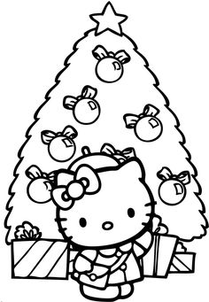 a hello kitty christmas tree with presents under it and an image of the hello kitty