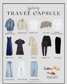 spring travel capsule 10 Day Spring Travel Wardrobe, Italy Spring Outfits, Paris Capsule Wardrobe, Travel Capsule Wardrobe Spring, Spring Travel Capsule, Capsule Packing, Travel Wardrobe Spring, Travel Capsule Wardrobe Summer, Building A Wardrobe