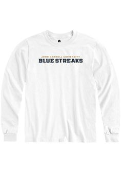 Show off your team pride in this John Carroll Blue Streaks White Rally Loud Long Sleeve T Shirt! This John Carroll Long Sleeve Tee features a screen print JCU graphic on chest and back. Make sure everyone knows you root for the Blue Streaks with this White John Carroll T Shirt. Go Blue Streaks! Classic fit, Seamless double needle 7/8" collar, Taped neck & shoulders, Ribbed cuffs, Unisex, Fit: True to Size, 100% Cotton Long Sleeve Cotton T-shirt With Team Name, Long Sleeve Cotton T-shirt With Team Spirit, Casual White Shirt With Team Name, White Fan Apparel Tops For Fan Merchandise, White Fan Apparel Tops, White Fan Apparel Tops For Merchandise, White Fan Merchandise Tops, Collegiate White Crew Neck T-shirt, White Crew Neck T-shirt For College