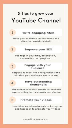 the 5 tips to grow your youtube video channel info sheet with text overlaying it