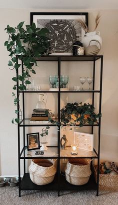 a shelf with baskets and plants on it