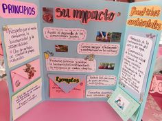 a pink and blue bulletin board with pictures on it's sides that say su impacto