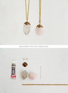 two different necklaces, one with crystals and the other with gold chains on it