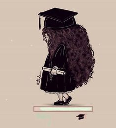 a drawing of a woman with long hair wearing a graduation cap and gown, standing in front of a wall