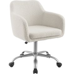 an office chair with wheels and a white upholstered fabric seat, viewed from the front