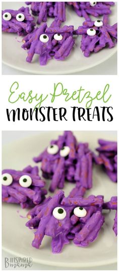 purple monster treats with googly eyes on them and the words easy pretzel monster treats