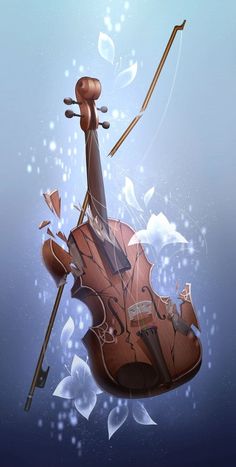 the violin is floating in the air with its strings still attached to it's body