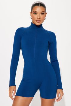 Available In Navy And Sand. Romper Mock Neck Zip Front Long Sleeve Biker Short Stretch Compression Rib 86% Rayon 14% Spandex Imported | Bethany Snatched Romper in Navy Blue size XL by Fashion Nova Blue High-rise Stretch Jumpsuits And Rompers, Denim Blue Non-stretch Jumpsuits And Rompers, Blue High-waist Jumpsuits And Rompers With Button Closure, Blue Non-stretch Solid Color Jumpsuits And Rompers, Navy Romper, Service Women, Navy Fashion, Jeans Jumpsuit, Biker Shorts