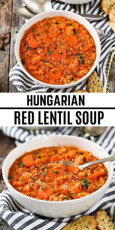 two bowls of hungarian red lentil soup with bread on the side