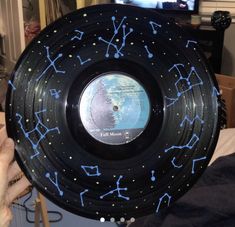 a record with blue stars on it in front of a flat screen tv that is turned upside down