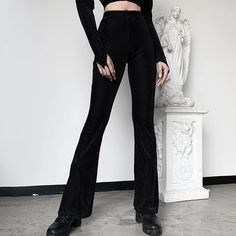 Gothic Widow Ribbed Velvet Flare Pants - Vedlit Striped Flare Pants, Celana Fashion, Gothic Pants, E Girl Aesthetic, Velvet Flare Pants, Alt Clothes, Black Flare Pants, Velvet Flares, Vintage Flare