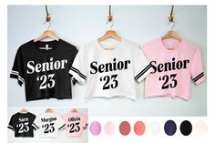 Vintage High School Senior Est 2023 Crop Top Varsity Shirts for girls Personalize with your own Name & Number! Perfect back to school shirts for incoming Seniors in high school! Match with your friends, and customize the back. Customize these high school senior shirts with your own name and number! Women's Sizes Available: XS, S, M, L, XL, XXL Shirt Colors Available: White, Black, Soft Pink, Mauve, Sunset Orange, Natural, Navy Blue, Lilac Need a different saying on the front? No problem! Send us School Spirit Letter Print Tops For College Events, Sporty Letter Print Tops For College Events, White Varsity Tops For School, Sporty Custom Print Tops For College, Sporty Tops With Letter Print For College Events, Customizable Casual Tops For Graduation, White Letter Print Top For College Events, Sporty Tops With Team Name For College Events, White Varsity Top For College Events