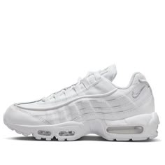 The Nike Air Max 95 'Triple White' is a classic silhouette with a modern twist. The all-white upper is made of breathable mesh and leather, while the rubber sole provides superior cushioning and traction. This sneaker is perfect for any activity, from running to casual wear. Inspired by the human body, the Air Max 95 features a unique design that is both stylish and comfortable. The 'Triple White' colorway is a timeless classic that will never go out of style. With its sleek design and superior comfort, the Nike Air Max 95 'Triple White' is a must-have for any sneaker enthusiast. (SNKR/Unisex/Low Top/Pure White) Nike Air Max Triple White, Classic Sneakers With Air Cushioning, Classic Sneakers With Air Cushioning And Round Toe, Nike Functional Sneakers In Summit White, Sporty Air Max Cushioned Sneakers In Summit White, Sporty Air Max Sneakers In Summit White, Sporty Summit White Sneakers With Air Max Cushioning, Classic Sneakers For Light Sports With Rubber Waffle Outsoles, Classic Sneakers For Light Sports