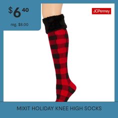 These Mixit women's knee-high socks are the perfect addition to your holiday-themed wardrobe. Made from a soft stretch-knit in a Santa sock pattern, these socks have a plush faux fur trim at the top to complete the look. Shoe Size Range: 4-10Fiber Content: 97% Polyester, 3% SpandexFabric Description: KnitCare: Tumble Dry, Machine WashCountry of Origin: Imported Socks Knee High, Womens Knee High Socks, Socks Womens, Santa Socks, Sock Patterns, Knee High Socks, Fur Trim, High Socks, Lady In Red