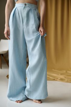 light blue pants BLANCA Light Blue Pants, Womens Palazzo Pants, Trousers Wide Leg, Bowtie And Suspenders, Anniversary Photoshoot, Linen Trousers, Dance Costume, Blue Pants, Pants Women