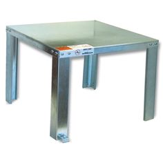 a square metal table with two legs and a button on the top that is attached to it