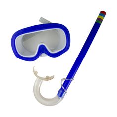 a swimming mask, snorkels and tube are on display