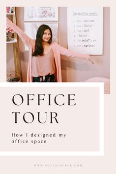 a woman standing in front of a whiteboard with the words office tour on it