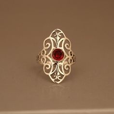 Round Cut Natural Garnet 925 Sterling Silver Filigree Cocktail Ring For Women Mandala Ring, Silver Jewelry Wedding, Red Ring, Garnet Pendant, 925 Ring, Garnet Earrings, Sterling Silver Filigree