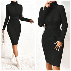 New Luxe Ribbed Bodycon Turtleneck Dress * Long Raglan Sleeve * Soft Stretch Pullover * Turtle Neck * Ribbed Bodycon Midi Pencil Skirt *Approximate Unstretched Measurements* Xs (2) * Bust 22"(Up To 34")* Waist 22" * Hip 22"(Up To 35.75") * Length 40.5" Small (4) * Bust 23.5"(Up To 35.25") * Waist 23.5" * Hip 23.5"(Up To 37.5") * Length 41.25" Medium (6) * Bust 25.25"(Up To 37")* Waist 25.25" * Hip 25.25"(Up To 39") * Length 42" Large (8/10) * Bust 27.5"(Up To 39.25") * Waist 27.5" * Hip 27.5"(Up Bodycon Turtleneck Dress, Turtleneck Dress Long, Midi Dress Winter, Midi Pencil Skirt, Dresses Casual Winter, Turtleneck Dress, Turtleneck Sweater Dress, Knit Turtleneck, Knit Turtleneck Sweater