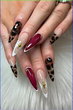 White Red Gold Nails, Tortoise Tips Nails, Long Nails Stiletto Design, Red Concert Nails, Glam Fall Nails, Deep Color Nails, Stiletto Nail Design Ideas, Almond Vs Stiletto Nails, Red Tortoise Shell Nails