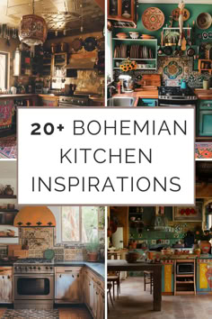 A collage showcasing various Bohemian kitchen designs, featuring rich colors, varied textures, and eclectic decor to inspire a lively kitchen makeover. Kitchen Boho Design, Hobo Kitchen Ideas, Boho Kitchen Furniture, Persimmon Kitchen Ideas, Romani Kitchen, Bohemian Tiles Kitchen, Open Shelved Kitchens, Cozy Boho Kitchen Ideas, Boho Themed Kitchen