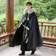 Store Categories   Men Chinese Hanfu Hooded Long Cloak Embroidery Ancient Jacket Warm Cape Coat Top Product Description Please note this is in Asian sizing, smaller than western size e.g. UK, US, AU. Please check the measurements carefully before making a purchase. Please allow 2-4cm discrepancy due to different measurement method.If you are not sure which size to buy, please provide height and weight, we will recommend a suitable size.   Photos may slightly different from actual item's color du Hanfu Cloak, Black Hanfu, Long Cloak, Winter Cape, Cape Designs, Warm Shawl, Mens Fur, Hooded Cloak, Chinese Hanfu