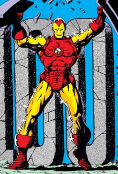 the iron man is standing in front of some columns and holding his arms up with one hand