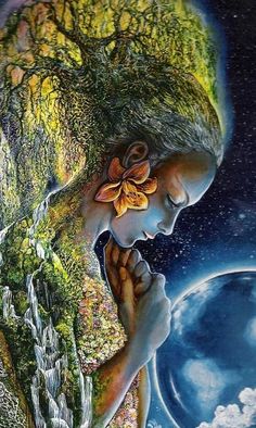 a painting of a woman holding her hands to her face with the earth in the background