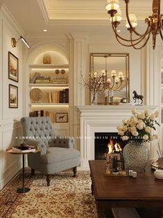 a living room filled with furniture and a fire place next to a wall mounted fireplace