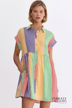 Nothing says spring/summer fun like our Nikki Multi-Color Stripes Shirt Mini Dress. This fun easy dress boasts a delightful array of colors, and the button-down design and side pockets adds practicality while ensuring ease of wear. The inclusion of a lining ensures both comfort and confidence, allowing you to embrace every moment. The allure of this dress lies in its versatility. Whether you're strolling through sun-kissed streets or attending a daytime soirée, pair it with cute wedges, sandals Shirt Mini Dress, Cute Wedges, Easy Dress, Wedges Sandals, Mini Shirt Dress, Sleeveless Mini Dress, Trim Detail, Maternity Wear, Color Stripes