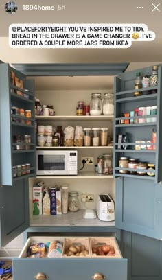 an open pantry with lots of food in it