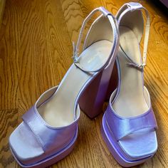 Lavender Satin Buckle Fastening 6.5" Heel Lavender Heels For Summer Party, Lavender Open Toe Heels For Party, Lavender High Heel Summer Heels, Lavender High Heels For Summer, Lavender Heels For Spring Party, Lavender Heels For Spring Evening, Lavender Evening Heels For Spring, Lavender Round Toe Heels For Party, Lavender Heels For Spring