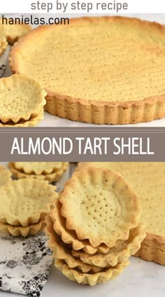 the steps to make an almond tart shell pie are shown in three different pictures