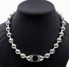 "~ ~ ~ HUGE Ball Chain Necklace ~ ~ ~   ONE Choker   18 inch Length ~ Shiny Nickel Plated Steel  (NPS)~   NOTE: This is definitely a CHOKER length -  Mannequin photo below shows it more of a necklace length. These lay at collar bone.  Please check that 18\" will work for you. THANKS The bars in between the balls slide in the ball so it is not a stiff necklace.   Approximately 27-28 balls in the 18\" length. Length includes closure. 12mm balls. 12mm is almost 1/2\" Closure itself measures 1-1/2\" Cheap Choker With Large Round Beads, Mens Pearl Necklace, Goth Necklace, 2 Hands, Ring Belt, Large Beads, Purse Chain, Collar Bone, Ball Chain Necklace