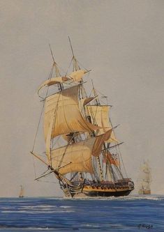 an oil painting of a sailing ship in the ocean