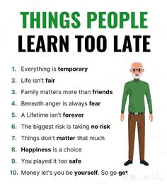 an old man with glasses and text that says things people learn too late