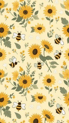 sunflowers and bees on a yellow background