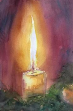 a painting of a lit candle on a table