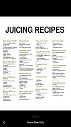 a recipe book with the words juicing recipes written in black and green on it