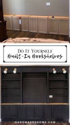 the before and after pictures of built in bookshelves with text overlay that says do it yourself